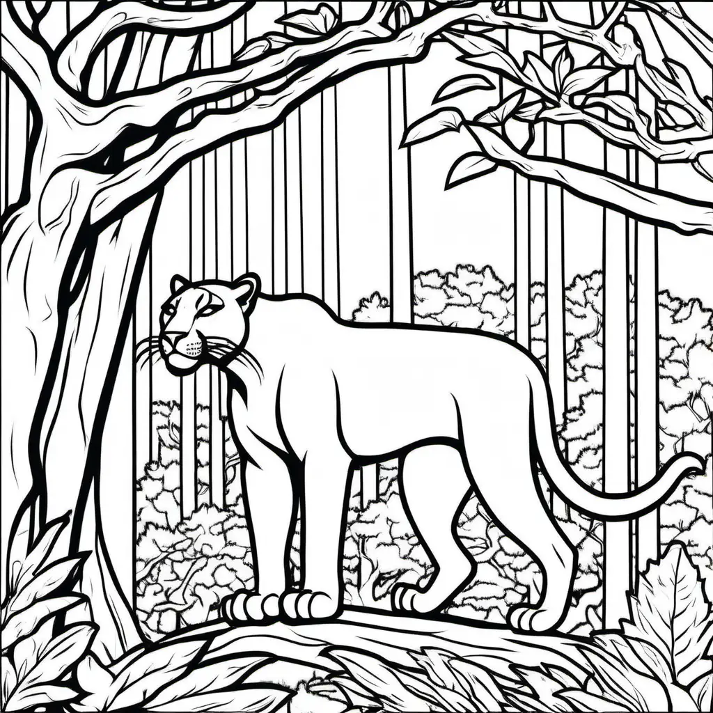simple coloring book image of a panther in tree in forest