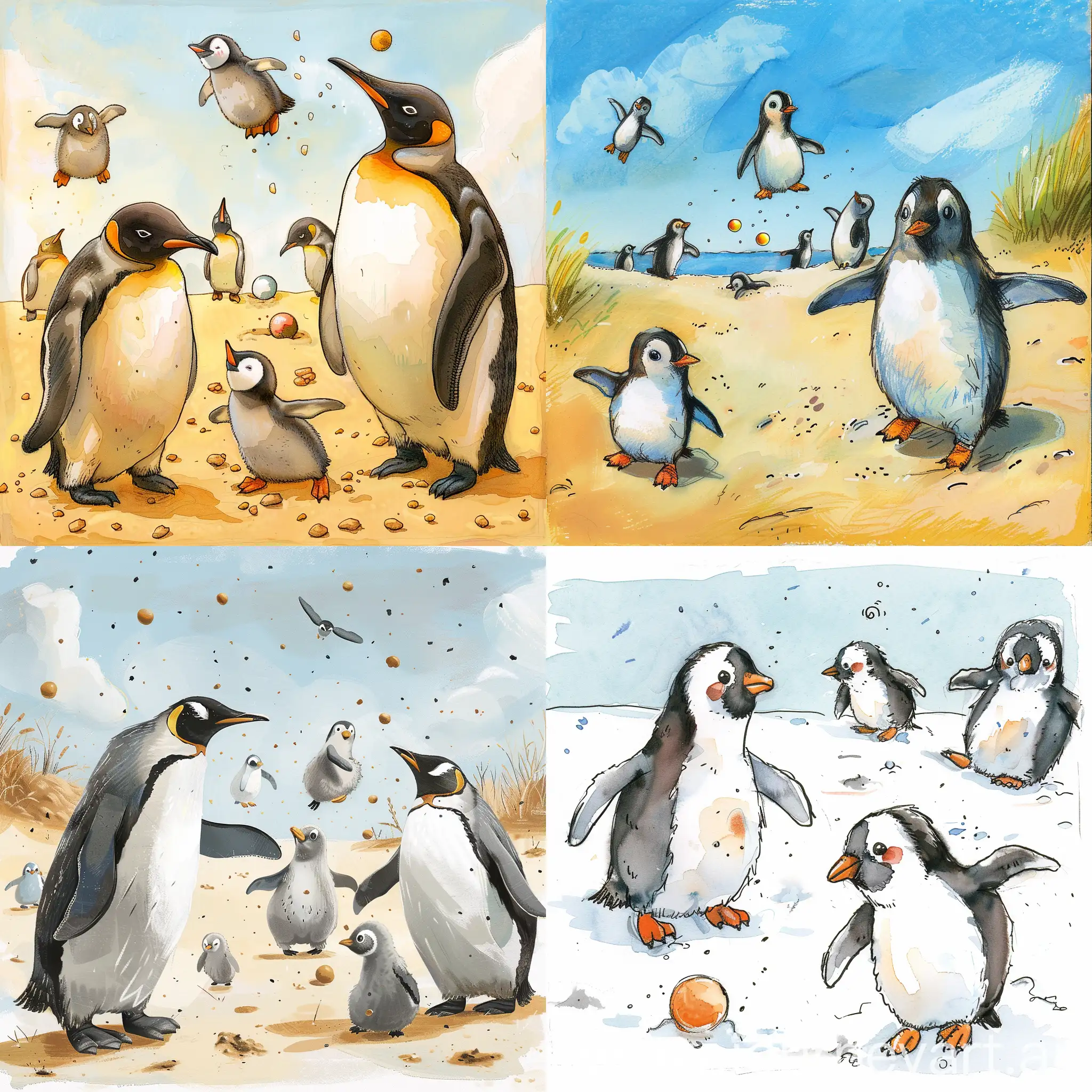 prompt Penguin plays with his parents and wanders off to play ball with other penguin chicks. Storybook illustration