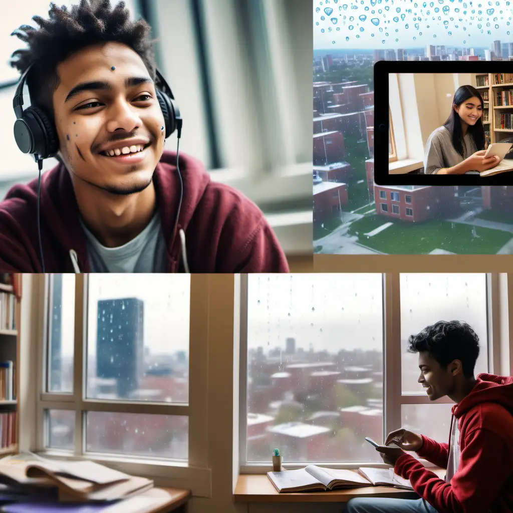 A split image divided vertically.  Left side:  A photorealistic image of a young international student sitting alone in their dorm room, looking out the window with a thoughtful expression.  Raindrops streak down the window, blurring the cityscape outside, Right side:  A collage of vibrant and positive images representing overcoming homesickness and cultural adjustment:  A group of diverse students laughing and studying together in a library. A close-up of hands holding a phone displaying a video chat with family back home. A map with a plane route connecting the student's home country to their study abroad destination. A heart symbol with a checkmark inside.