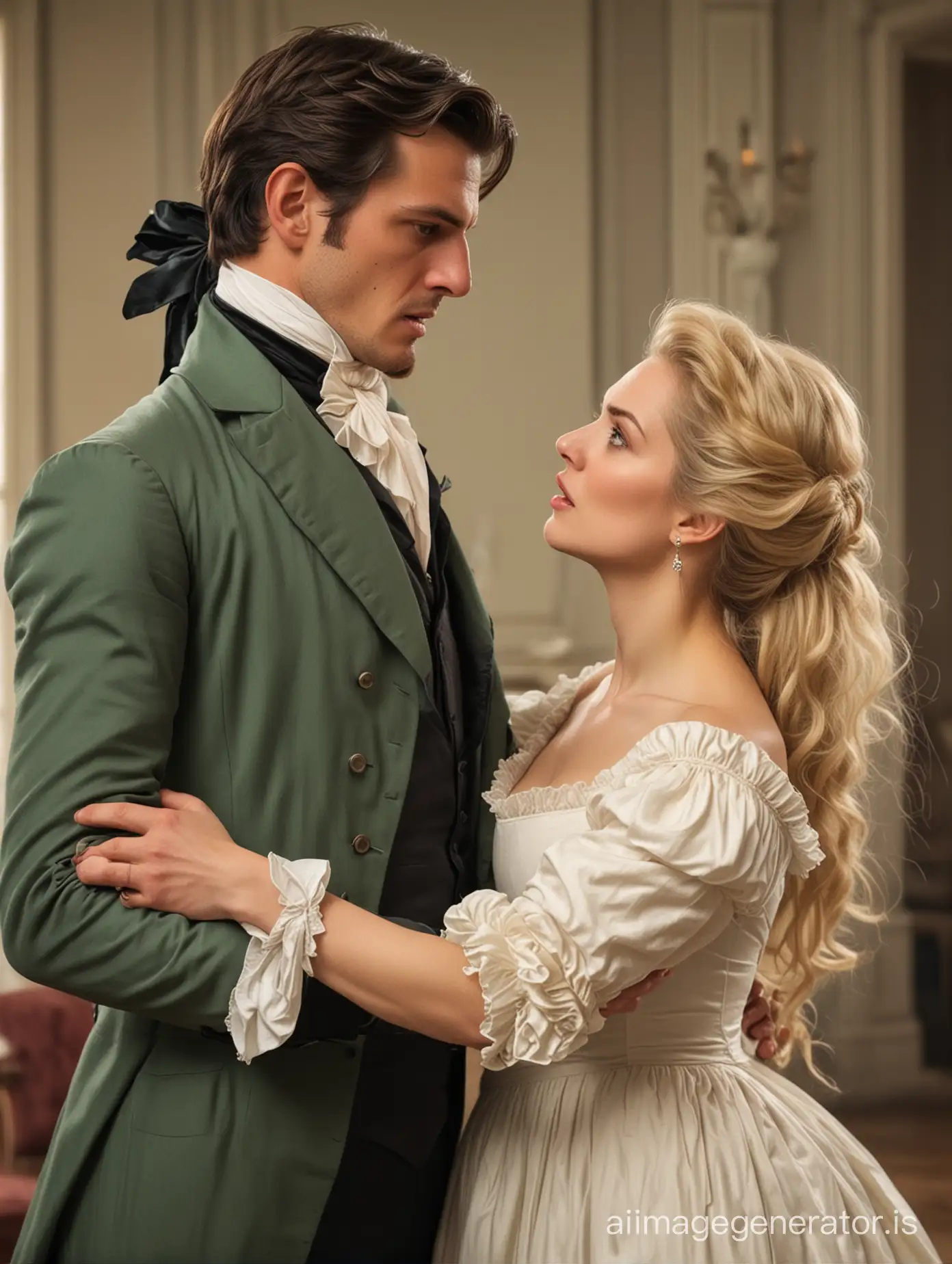 Gentleman ((Regency Era)) holding a blonde lady by the arm in a mansion hall sad angry expression, arguing