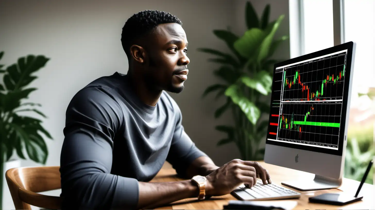 create me an image of an adult black male in his mid 30s doing forex trading at home on his big monitor with a background window of his home garden