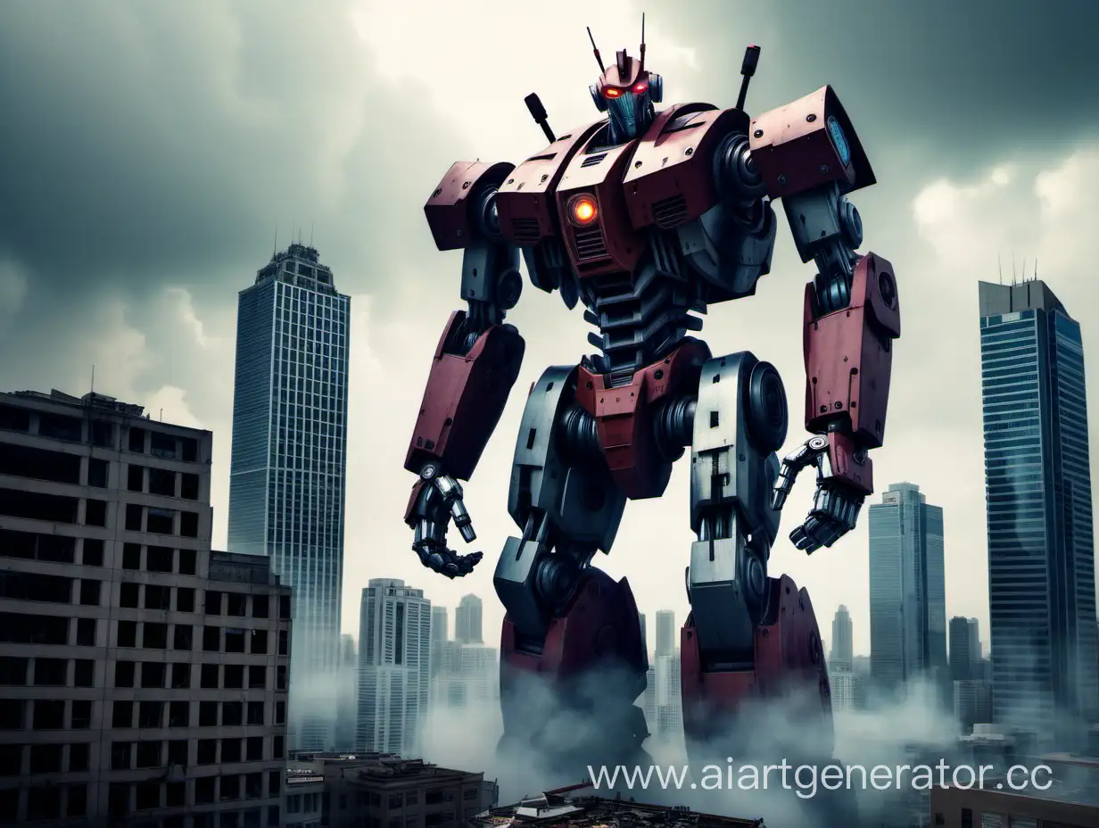 a giant robot standing over buildings with evil intentions