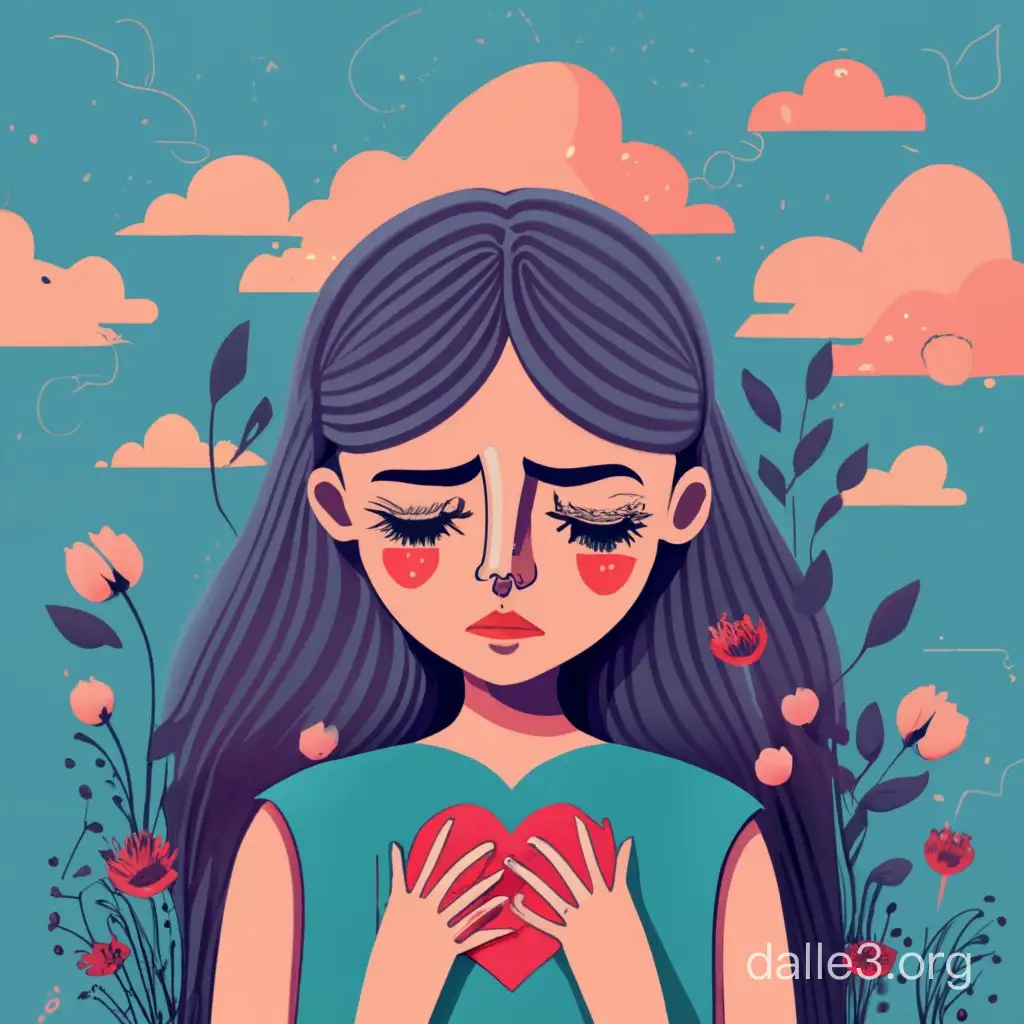 beautiful girl is sad, hands are attached to her heart, eyes are downcast, lush hair, cartoon style