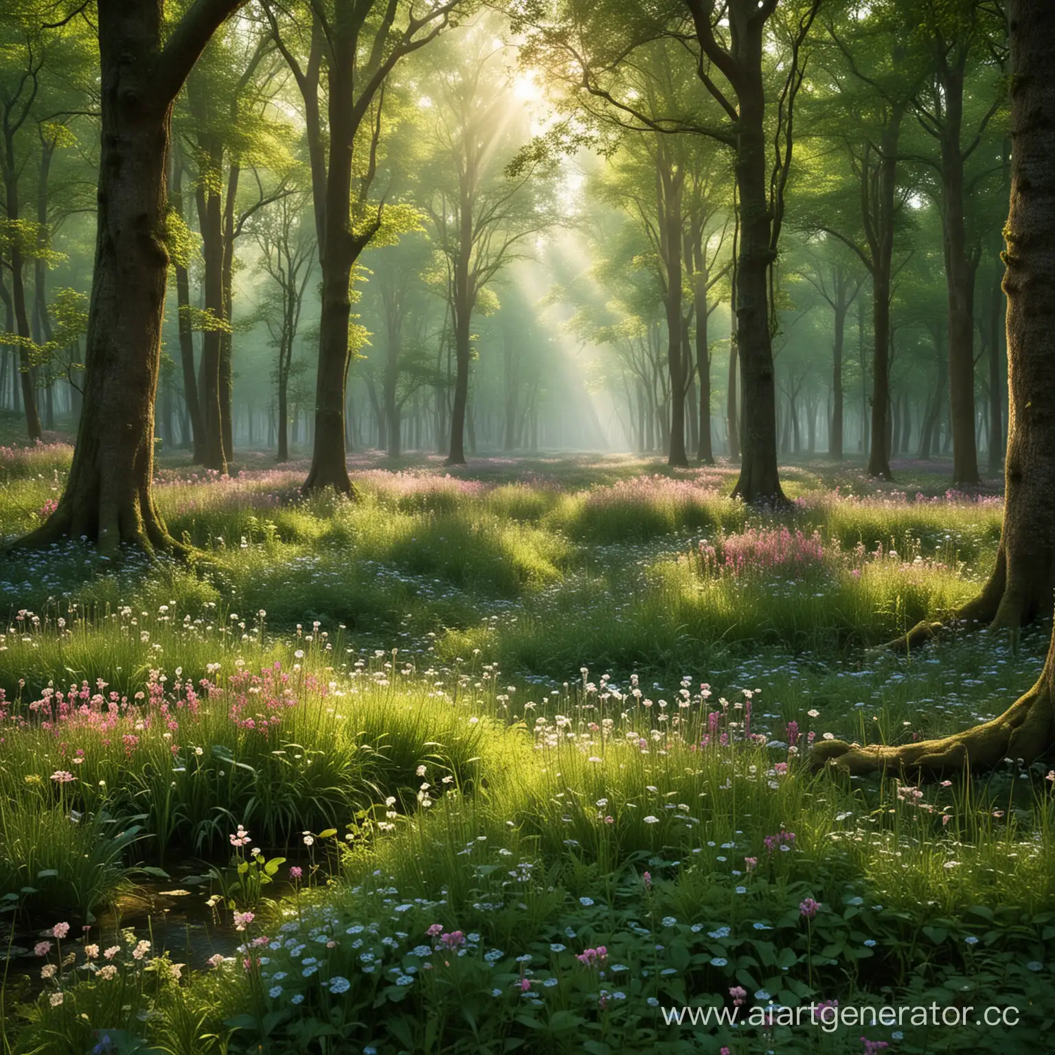 Enchanting-Glade-with-Sunlit-Meadows-and-Blooming-Wildflowers