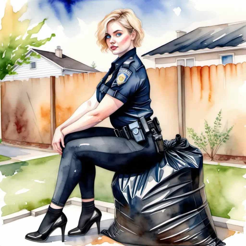 Sexy curvy blonde woman, short hair, blue eyes, police officer dressed in black, leggings fitted and sitting on top of a small garbage bag and tying it with an elastic band in the backyard of a residence Watercolor