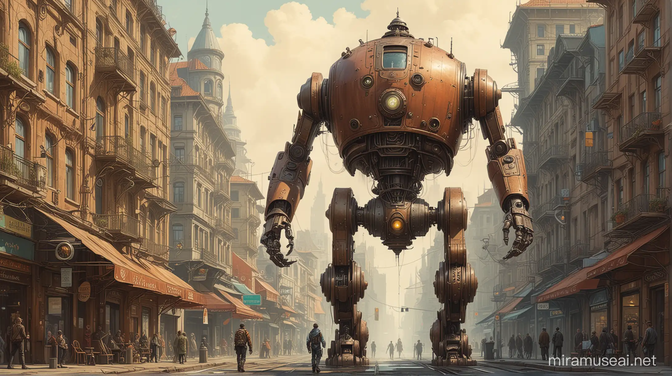 Gigantic Steampunk Robot Strolling Through RetroFuturistic Art Nouveau Cityscape