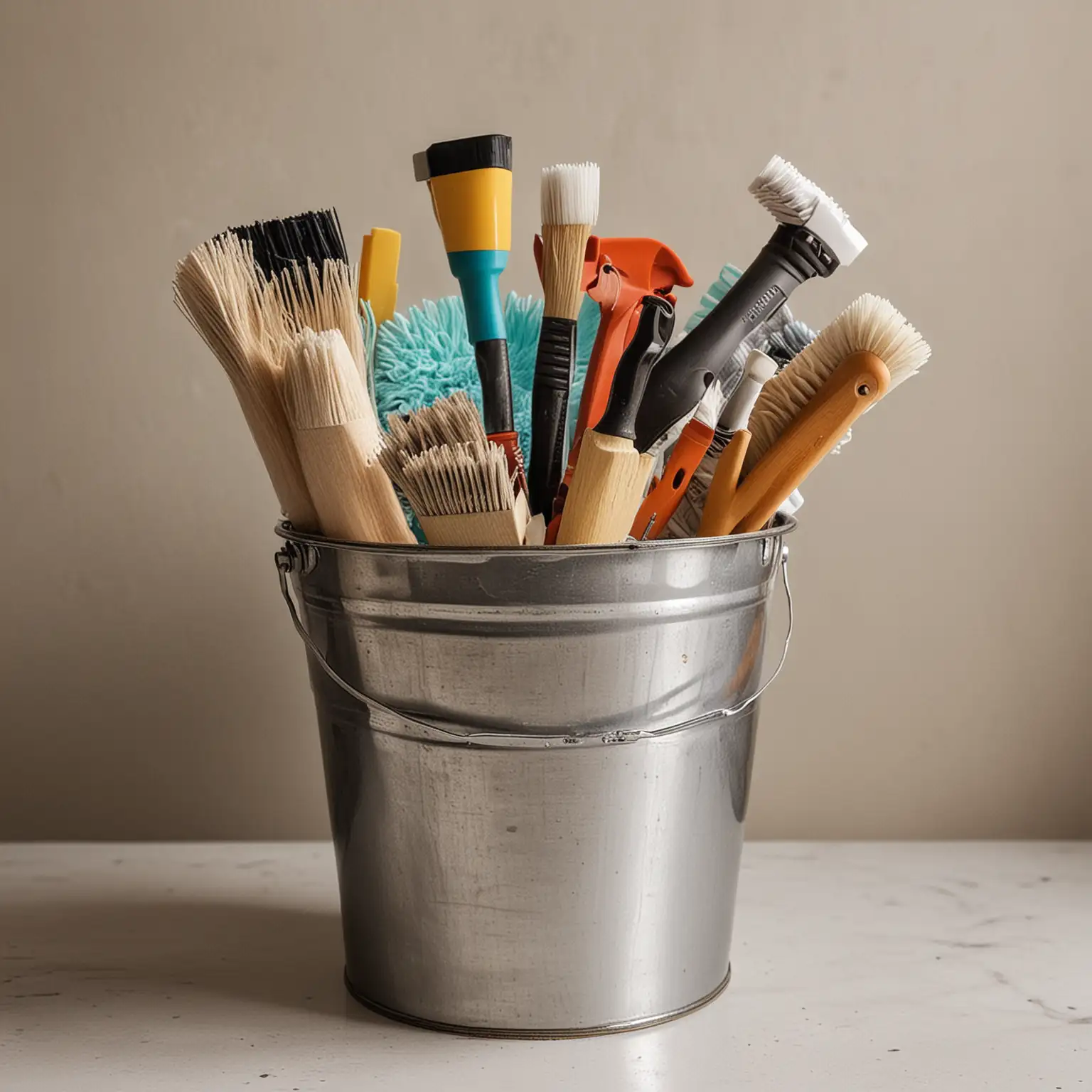 a bucket filled with cleaning tools
