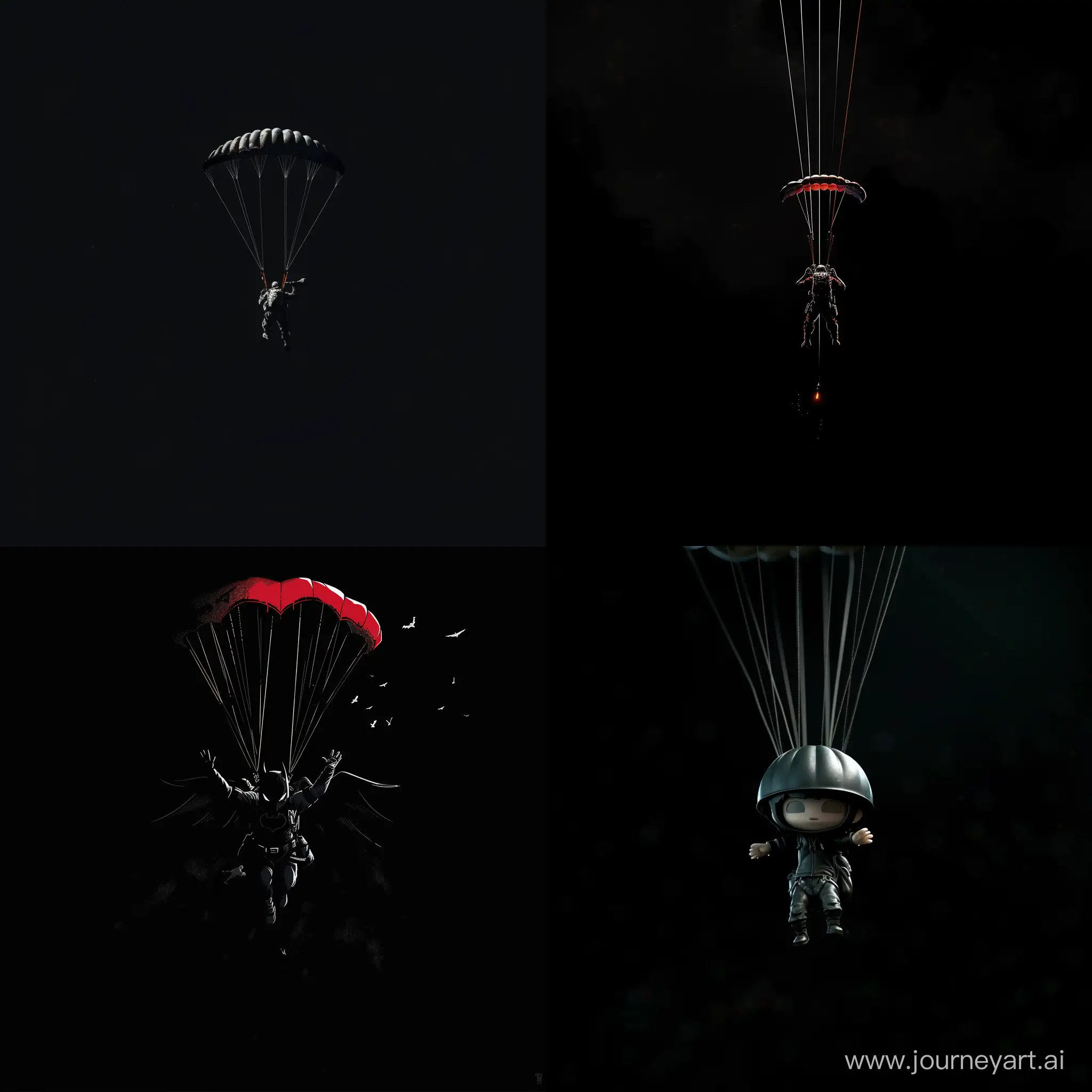 Чёрный фон , падает персонаж с парашютом 