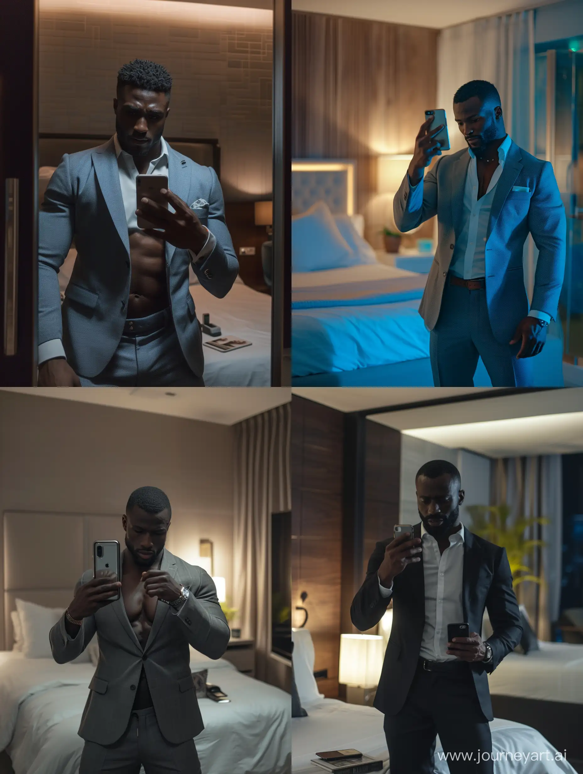 A handsome men black American in a class suit with visible abs , taking a mirror selfie with an iPhone in a modern bedroom in the night 
