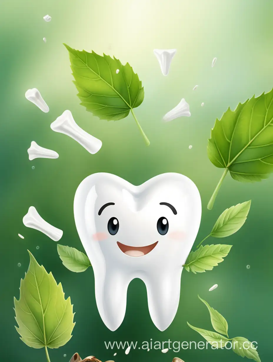 здоровый зуб, рядом летают листья, экологическая чистка зуба
