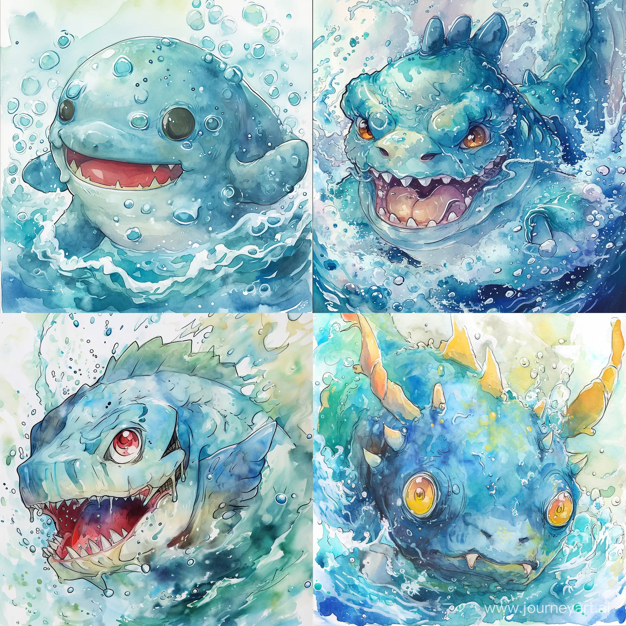 An anime water animal monster, watercolor