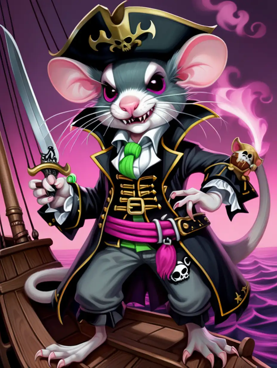 A vamp pie rat pirate,  a rat person with vampire fangs and res glowing eyes on a pirate ship, the rat person os dressed in Gothic flowing clothes like a vampire,  they have gray and white fur, a pink rope like tail, cute nose, whiskers, fangs, and green smoke comes from their eyes, they hold a pirate sword at their side