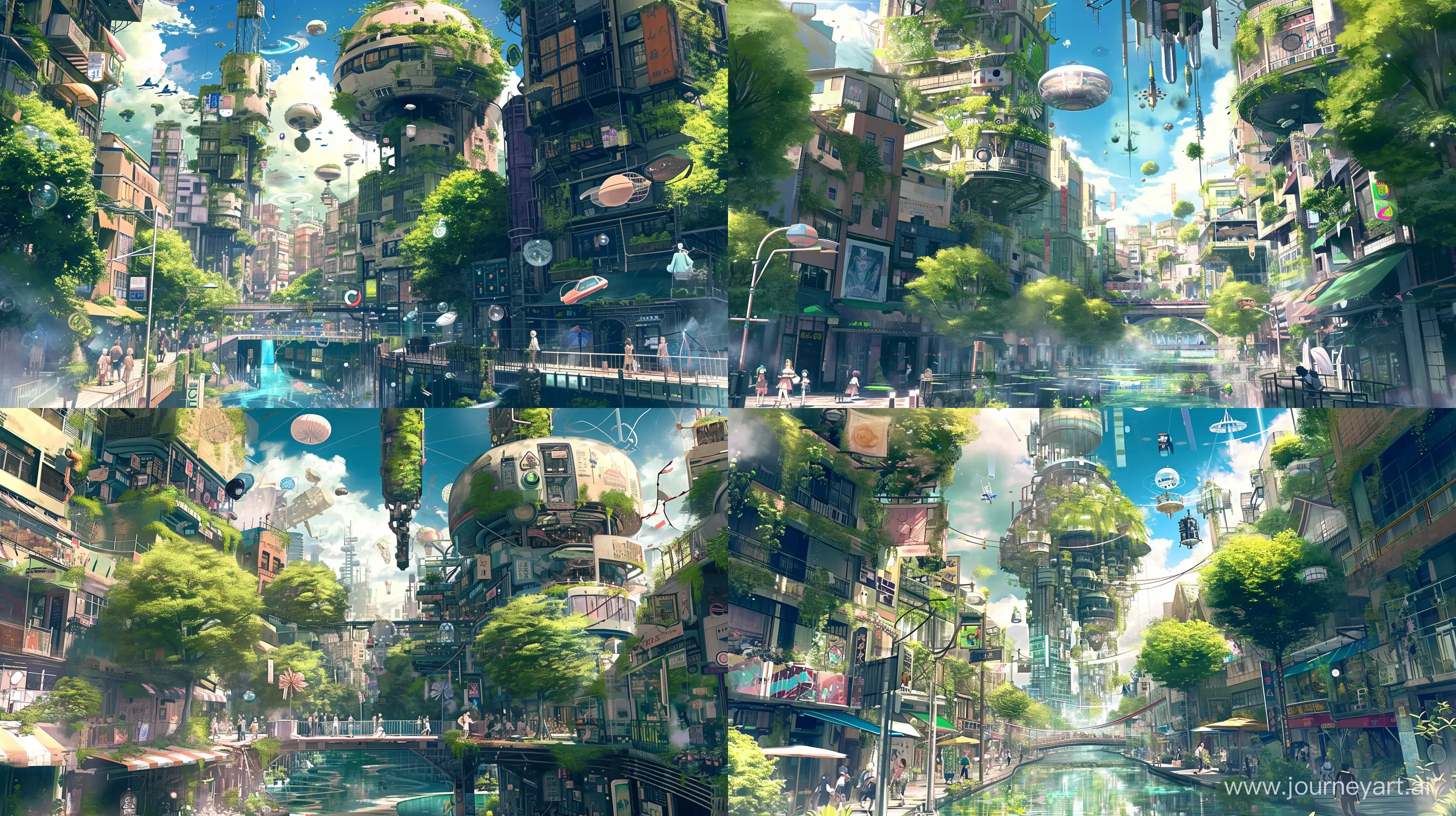 https://i.postimg.cc/7YH71P9t/b4c4b9b81d8507565f3746866680e27e-out-out-out.jpg the image depicts a fantastical anime cityscape with a river running through the middle, the buildings are covered in plants and there are various objects floating in the sky, the scene also features people walking around and enjoying the unique environment, --ar 16:9
