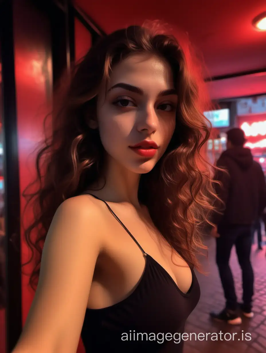 picture taken with iPhone camera of Michela, an Italian prosperous girl, just came back home from college with brown wavy hair, wearing sexy casual outfit, realism, real human skin, 26 y.o., hyperdetailed, photorealistic, 64k, beautiful and delicate lips, turned back background red light district, showing solid back