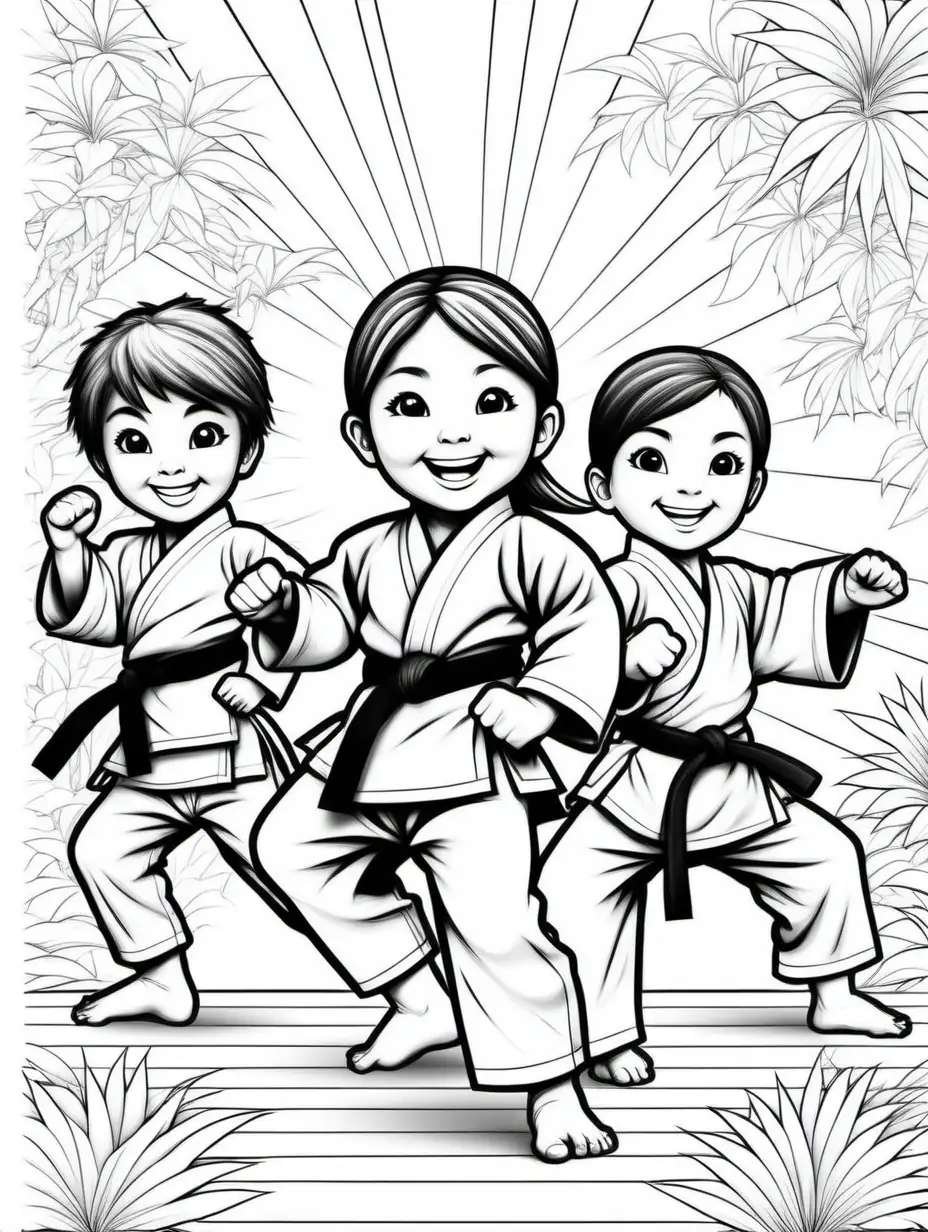 A cute, smiling, karate group, doing a side kick, colouring book page, black and white, solid 
lines, oriental background