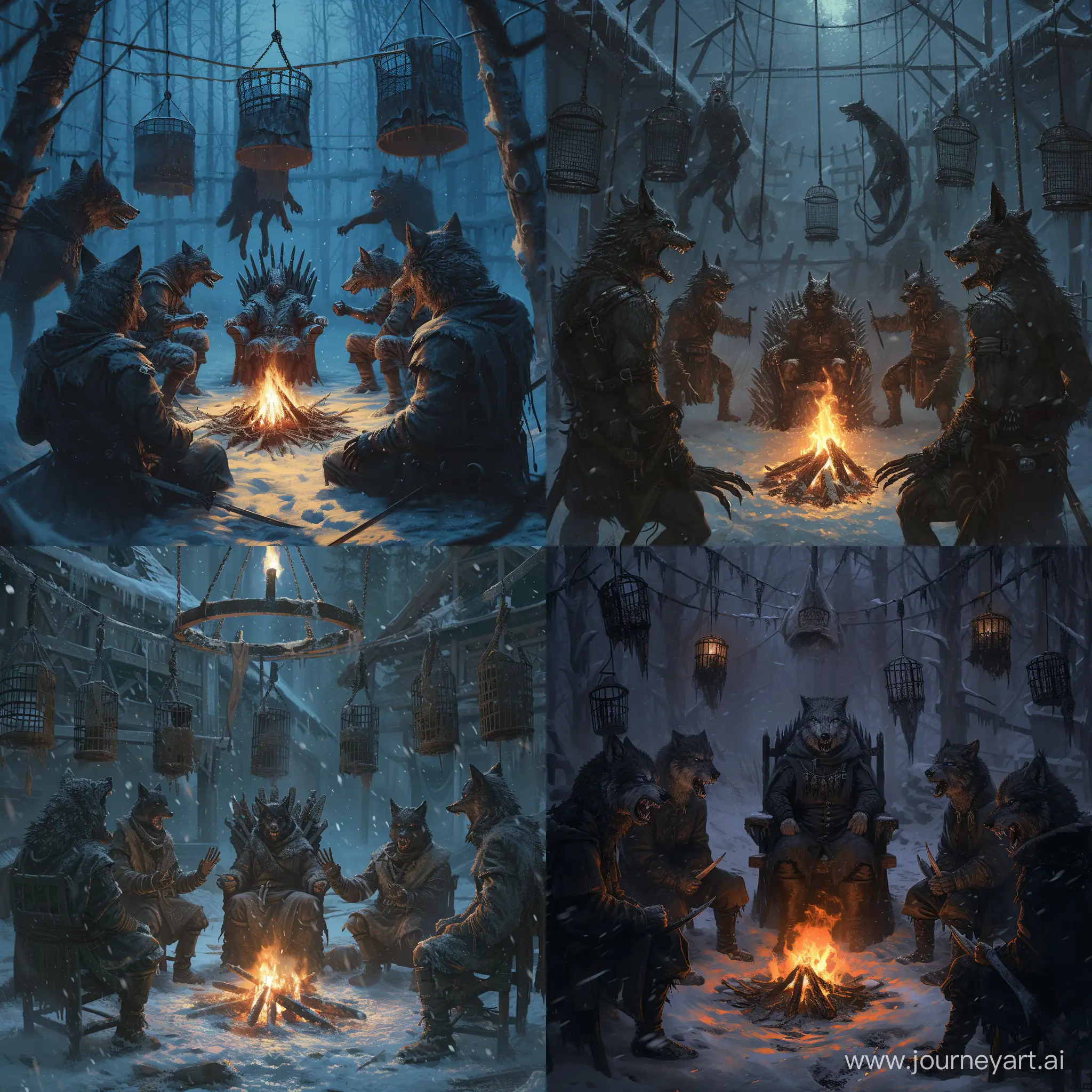 warriors with wolf's head and human body,sharp claws,circle around the fire,The leader of the wolves sitting on throne in the middle,in snowy horror camp,hanging Gibbet cages In the background,fierce,furious,irate,Detailed clothing.incredible detail,dark light,terrifying,Cinematic.