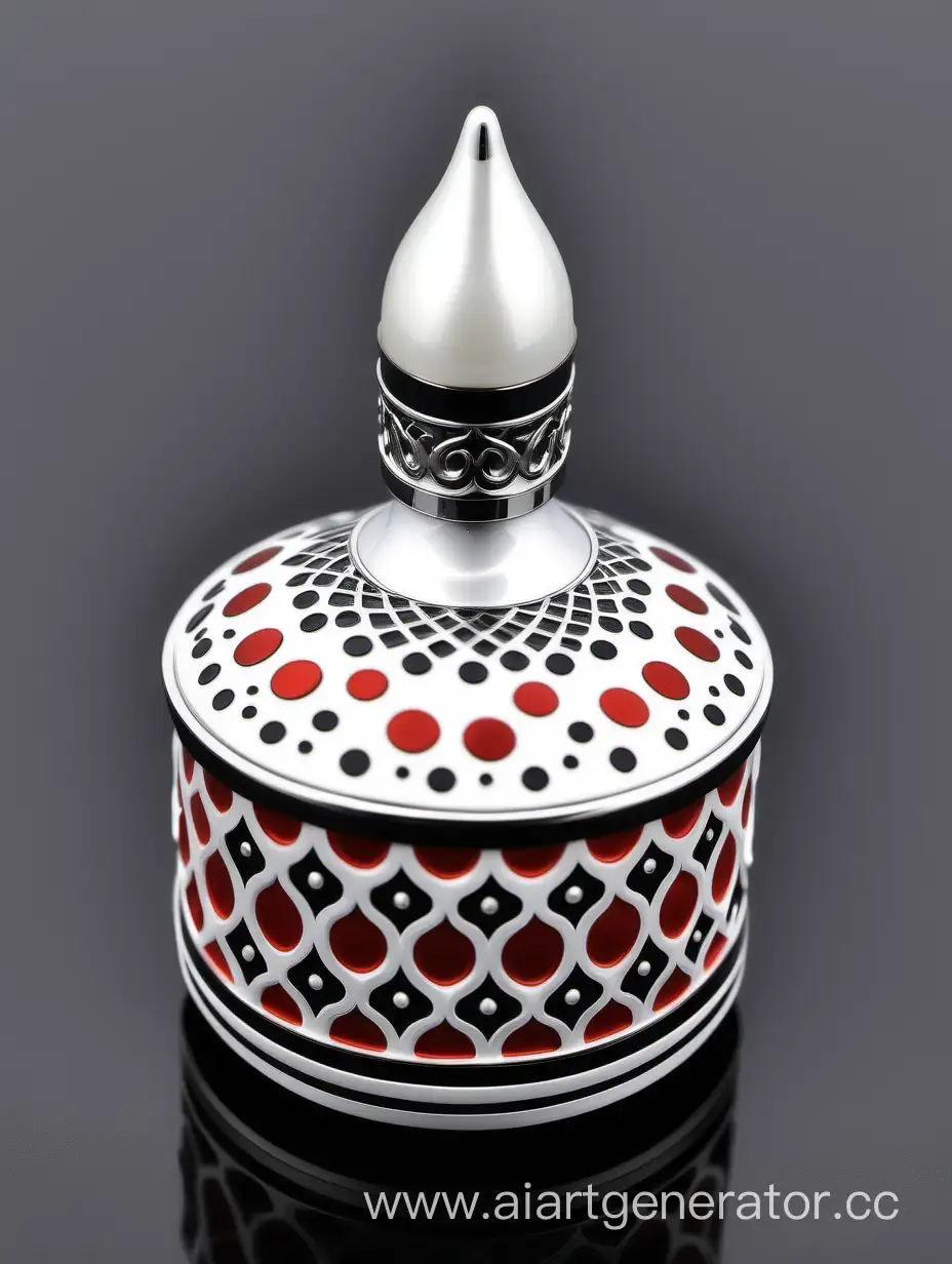 Elegant-Zamac-Perfume-Decorative-Ornamental-Cap-in-Pearl-White-and-Black-with-Matt-Red-and-White-Accents