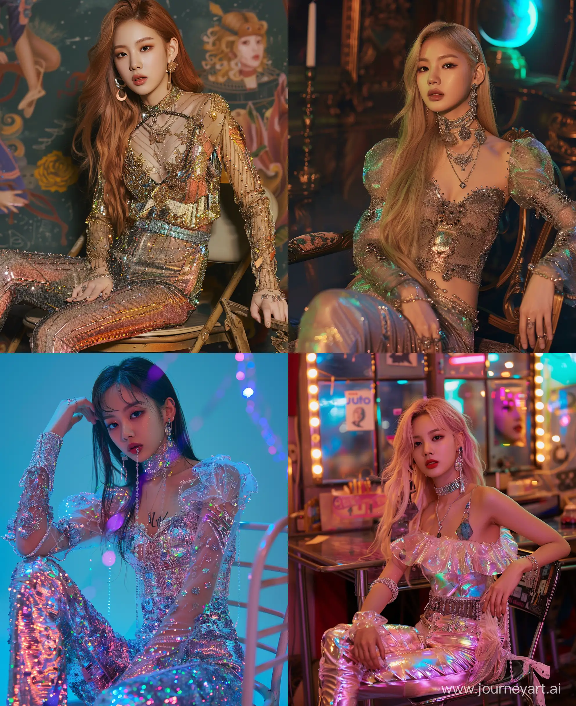 High resolution fashion photo of jennie blackpink's full body shot, wearing a crystal outfit made of Labradorite,sit on chair, super casual, everyday attire, in the style of jennie, mysterious nocturnal scenes, mischievous motif, album covers, flickr --ar 103:126 --style raw --stylize 250 --v 6