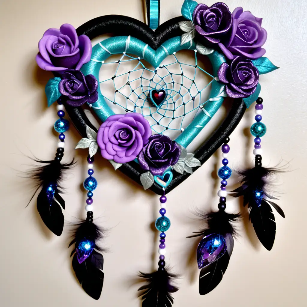 Sparkling Valentines Dream Catcher with Roses in Teal and Purple