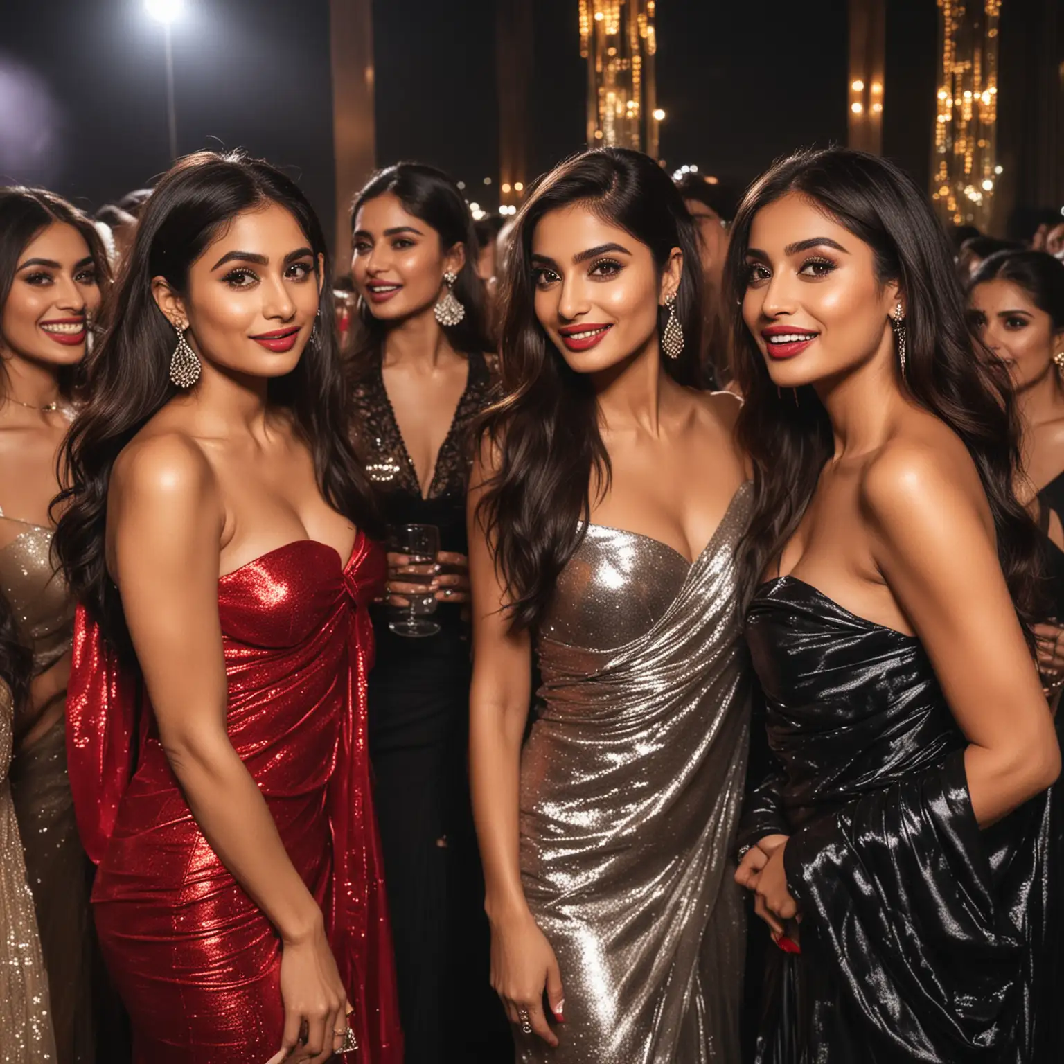 Flash photography, ISO-100 f/32 Hasselblad camera shot. VIP area of a posh Dubai nightblub. Decadent party in progress. Mouni Roy & Disha Patani partying wearing shiny glossy liquid metallic sheer sarees, red glossy lipstick & lots of makeup. Her bold slutty friends make out with her romantically