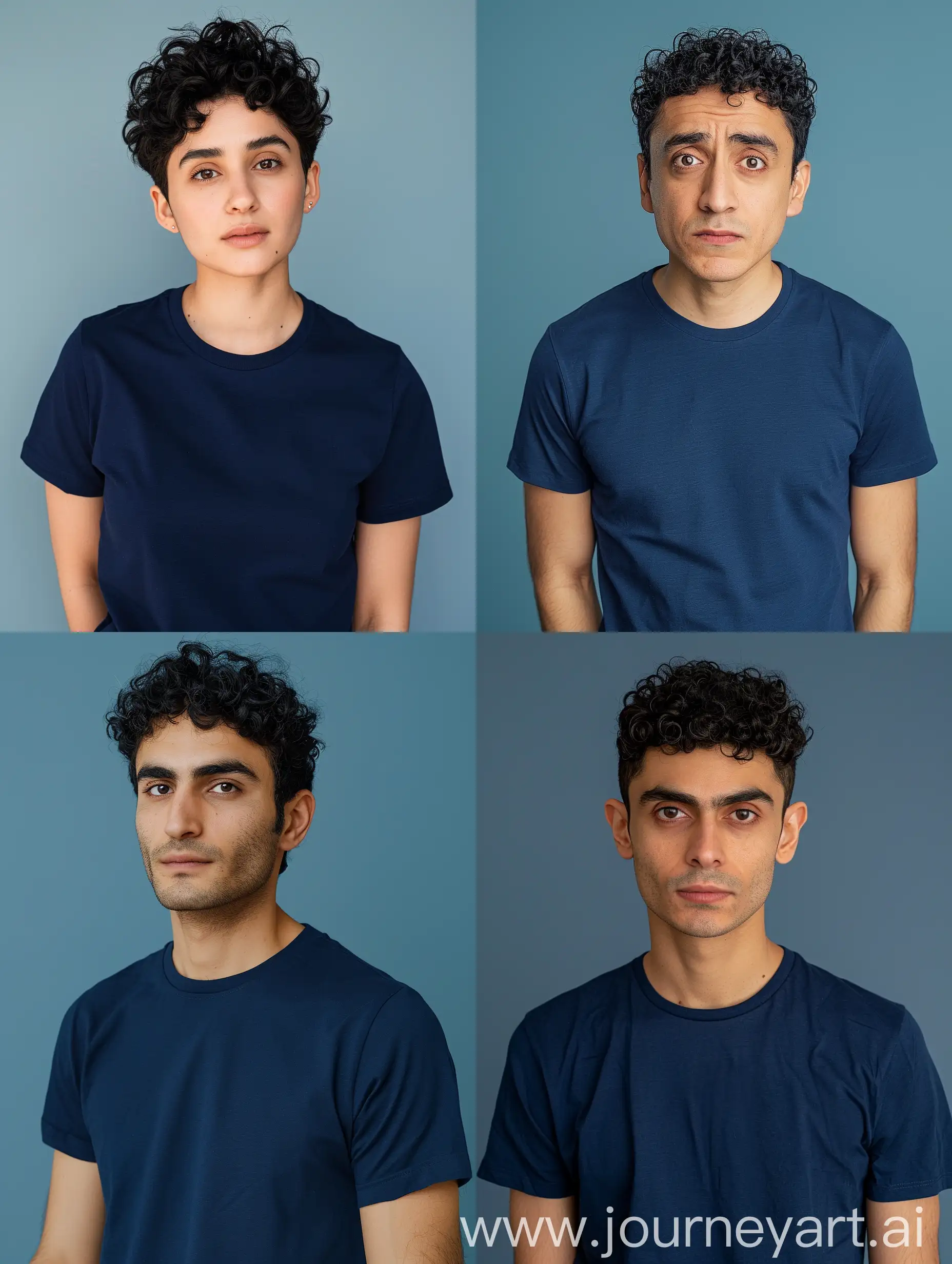 Medium Shot of Navid Mohammadzadeh Looking to the Camera With Short Curly Hair, Navy Blue T-shirt, Middle of the Frame, Simple Navy Blue Background, Adobe Photoshop Software, High Quality --v 6.0 --ar 3:4