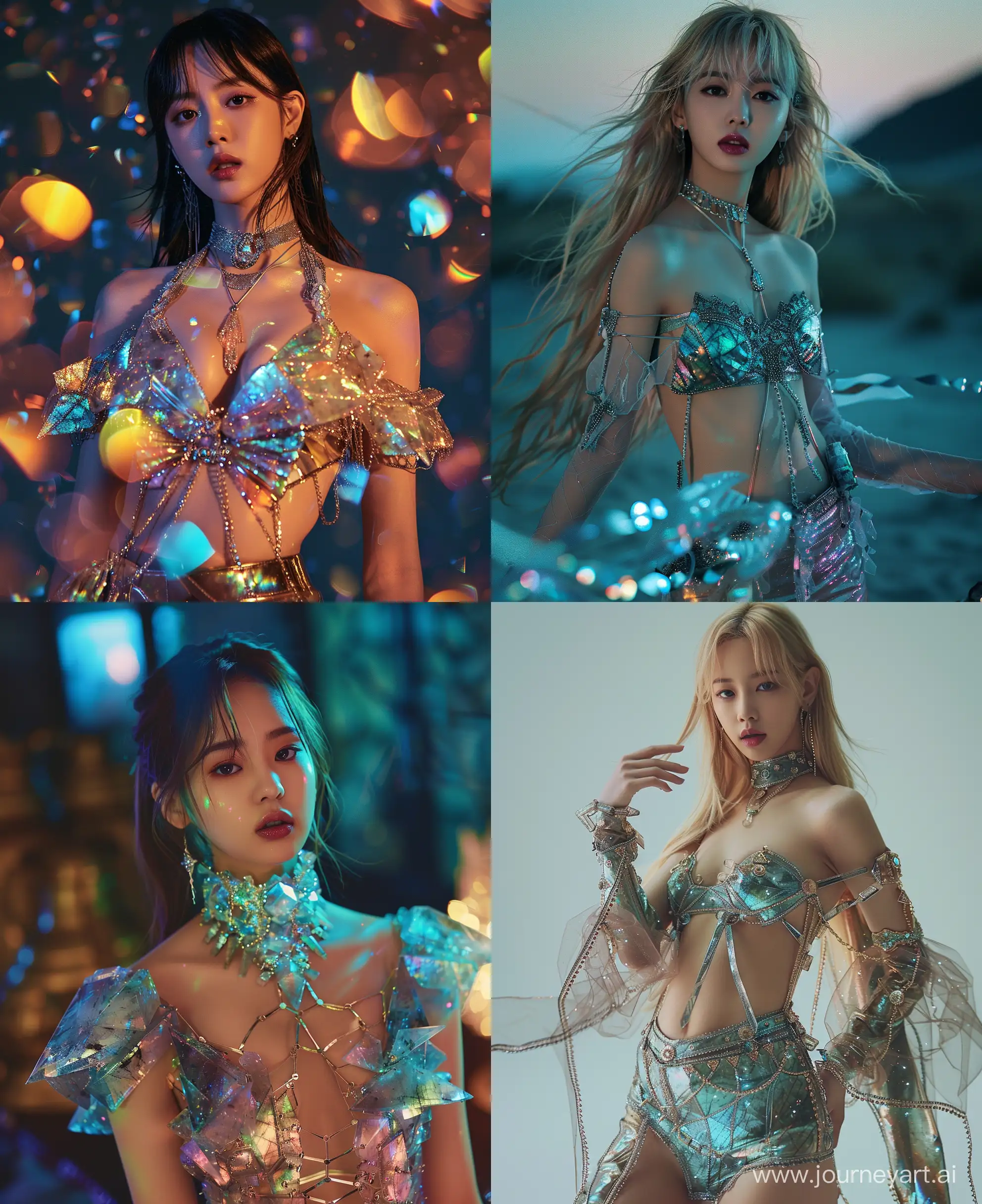High resolution fashion photo of a beautiful lisa,jennie,jihyoo blackpink's, full body shot, wearing a crystal outfit made of Labradorite, super casual, everyday attire, in the style of lisa,jennie, jihyoo, mysterious nocturnal scenes, album covers, flickr --ar 103:126 --style raw --stylize 250 --v 6