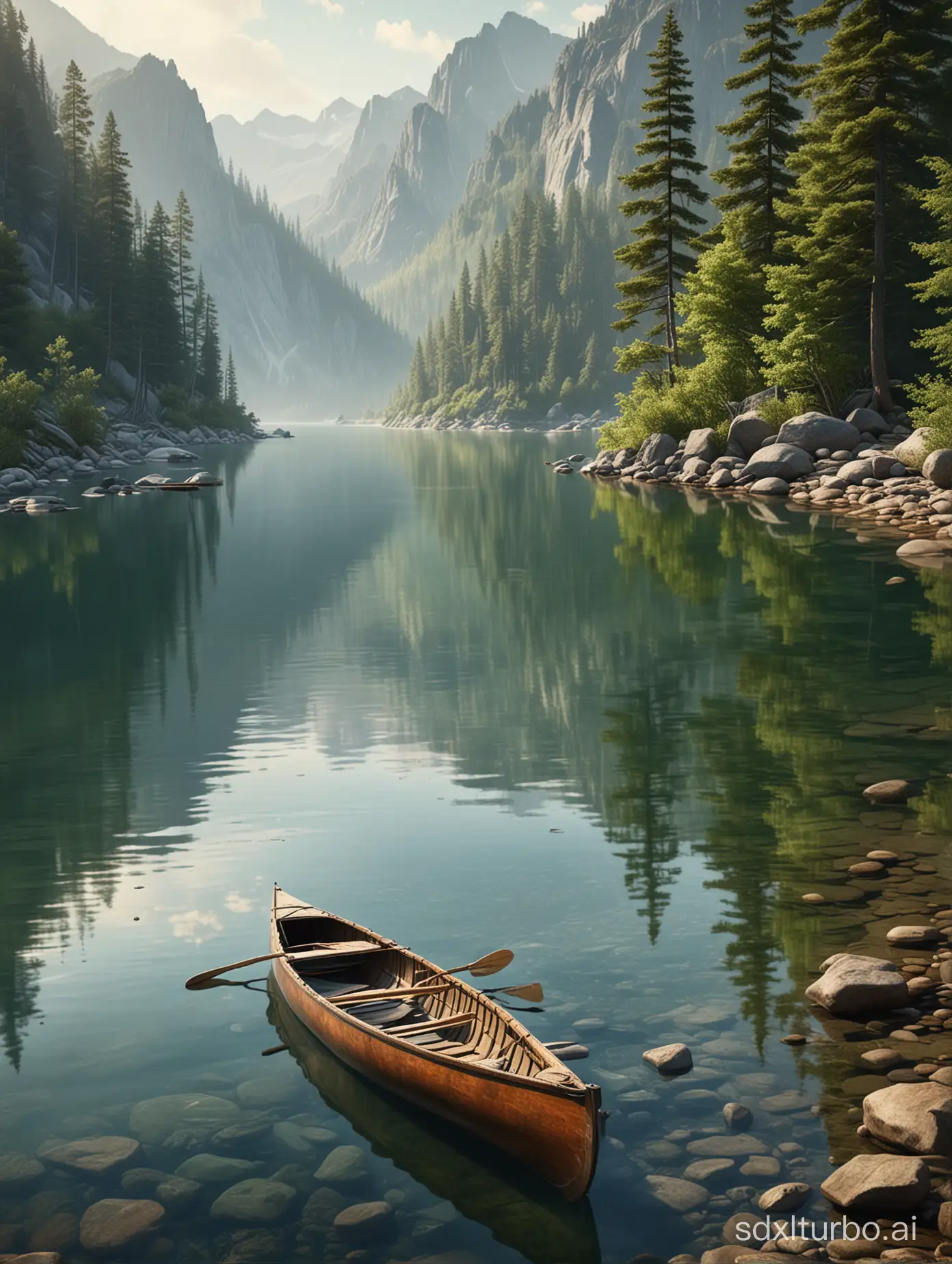 Realistic of painting image, lake mountain, there's a old canoe in the water, greenish rounded, 8k, hyperrealistic photography