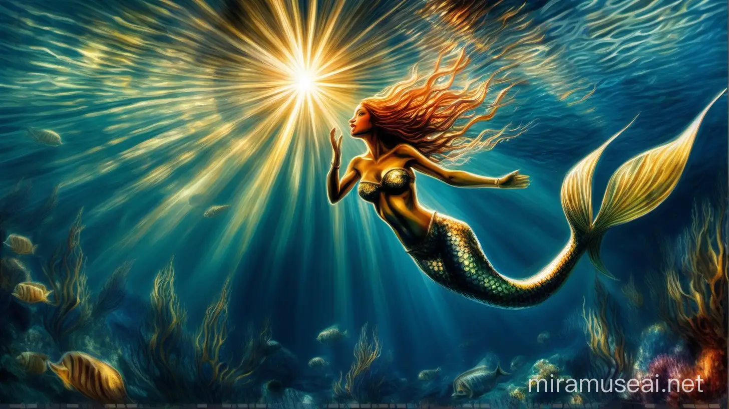 Mermaid swimming beneath the sea surface, dephini floating by, rays of sunlight falling through the surface down to the seabed, close-up view, dark background, details, hdr, oil on canvas, fine brush strokes, fractal lines, impressionism, with sun rays and big sun