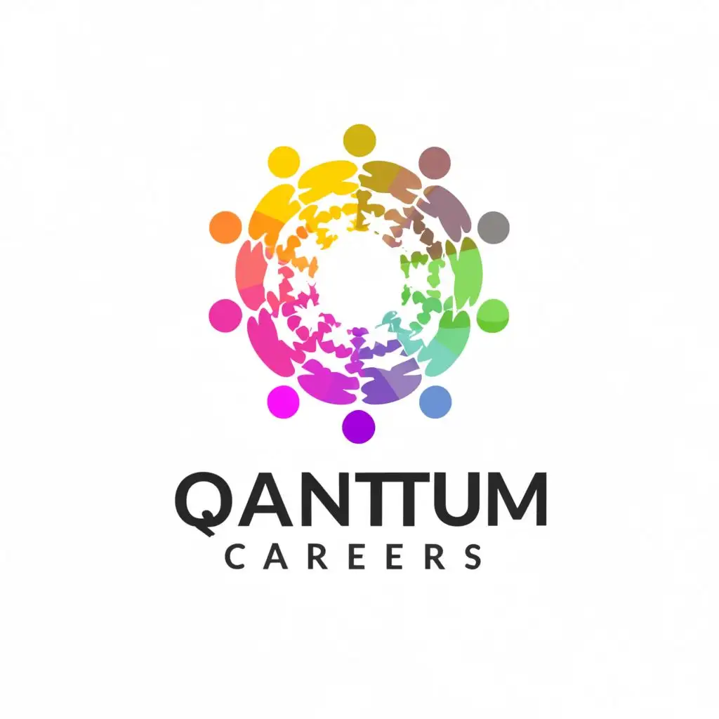a logo design,with the text "quantum careers", main symbol:Center icon implicts artificial intelligence. It is joined by abstract human figures illustrating partnersip and cooperation. Wrapping around these central figures is a circular shape that starts with a solid line then evolves into dots, creating a representation of progress, innovation. Colour is green with purple pink with using a bright yellow focal point in the color spectrum.,Minimalistic,clear background