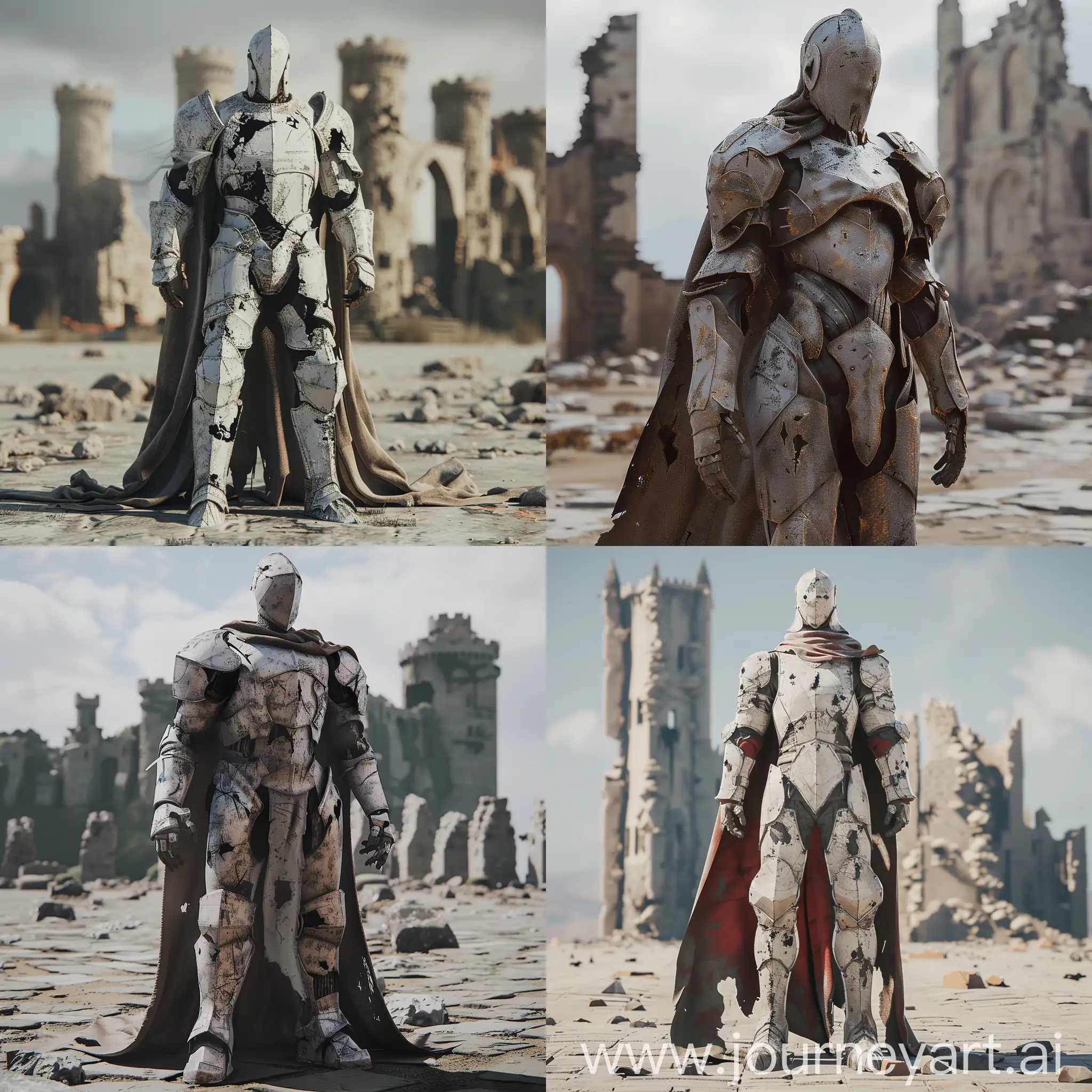 masterpiece, high poly, highly detailed, 4k, high resolution, lifeless, medieval, fantasy knight like, warforged, light armour, magic, torn cape, desolate, empty, burnt, disfigured, scarred,, armoured robot, light armour, fantasy, humanoid, old, broken armour, torn fabric, time worn, ultra realistic, unreal engine 5, cinematic lighting, magic, destroyed castle ruins in background