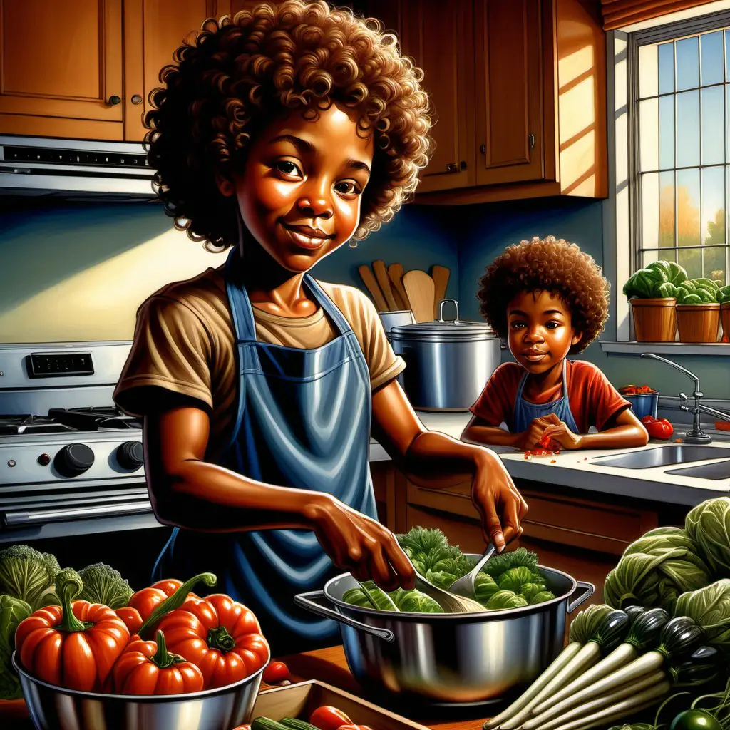 Vibrant Cartoon Scene Enthusiastic African American Boy Cooking Fresh Farmers Market Vegetables with Mother