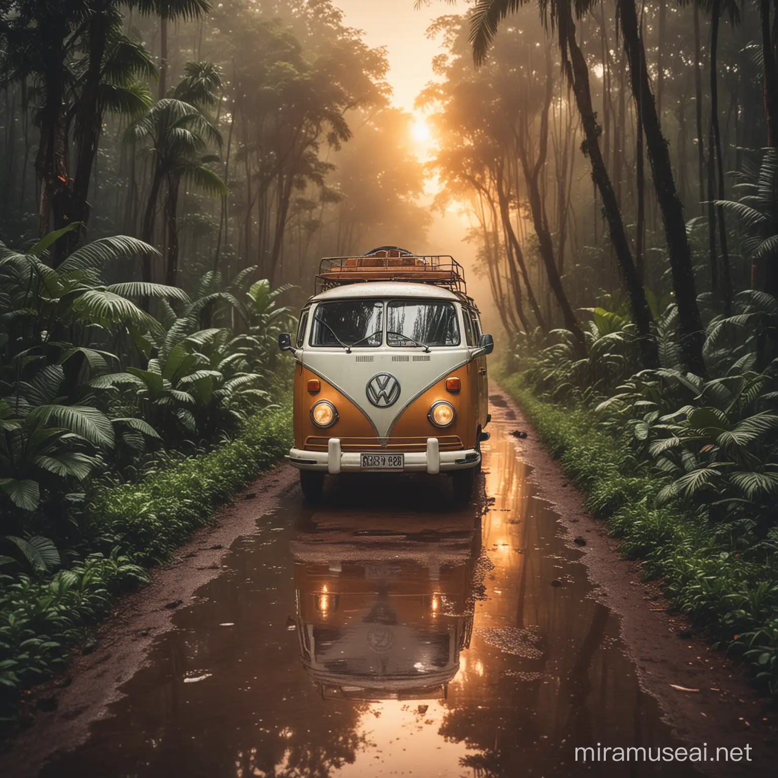 Retro Volkswagen Van Adventure Happy Couple on Rainy Jungle Road at Sunset