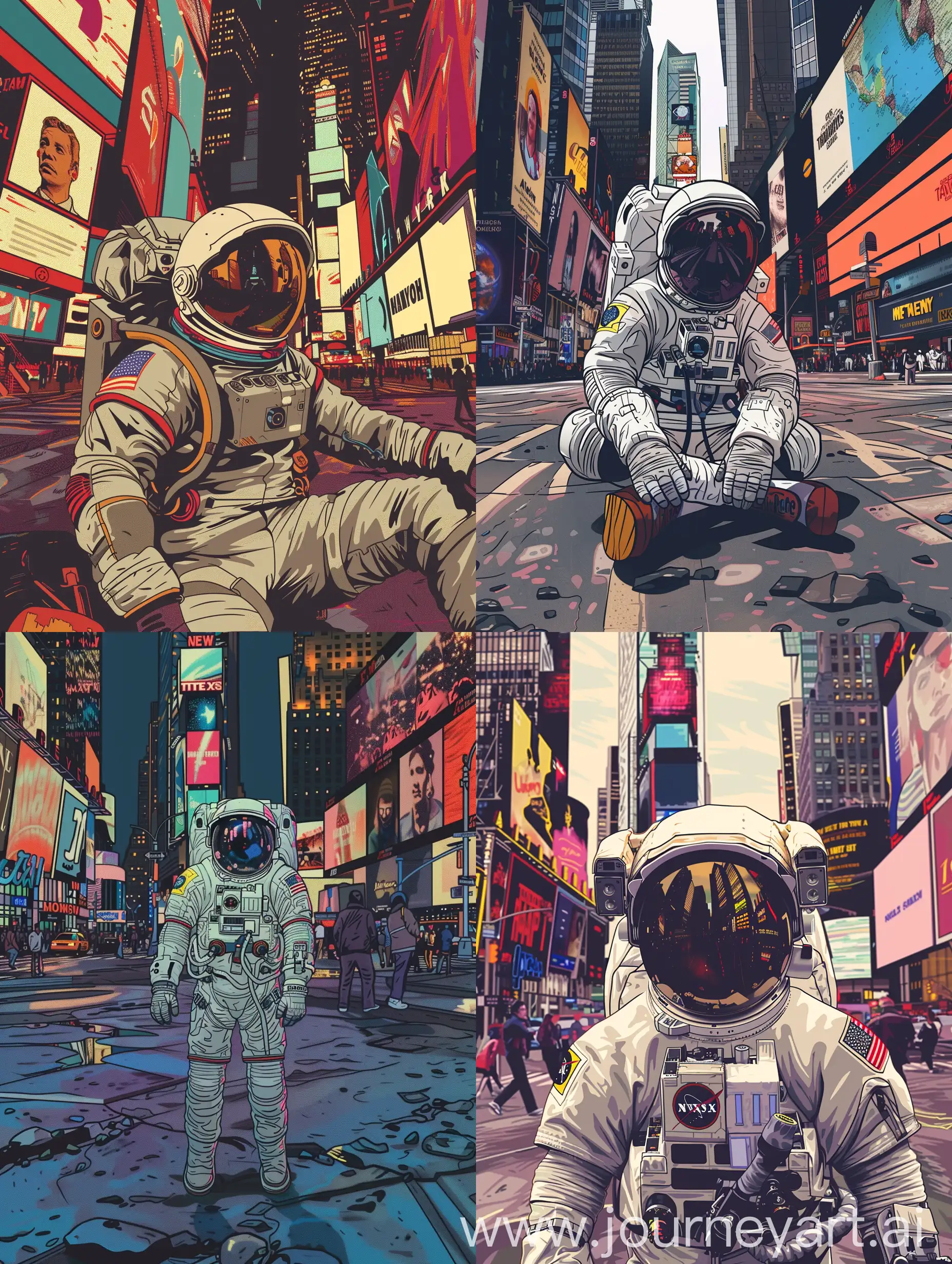  An astronaut lost in the bustling Times Square, New York, surrounded by the energy of the city, capturing the astronaut's sense of isolation and wonder in the midst of the urban jungle, Vector illustration, clean lines and vivid colors