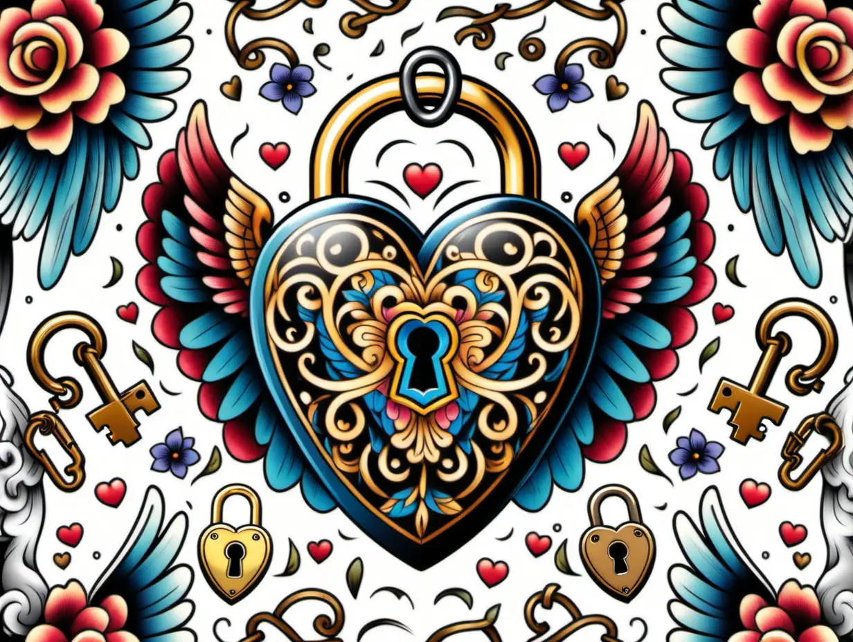 Pattern seamless, Oldschool tattoo Design, heart, wings,  angel sweet, flower, padlock, key, colorful