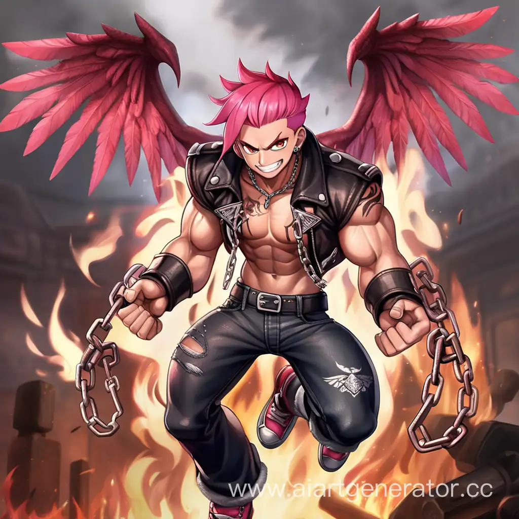 Battle Field, 1 Person, Male, Human, Pink Hair, Short Hair, Skipy Hairstyle, Dark Brown Skin, Red Leather Scaly Wings, Black Jacket, Red Shirt, Black Jeans, Burning Chains, Serious Smile, Dark Brown-Eyes, Sharp Eyes, Flexing Muscles, Muscular Arms, Muscular Legs, Well-toned Body, Muscular Body, Hard Abs, Red Smoke, 