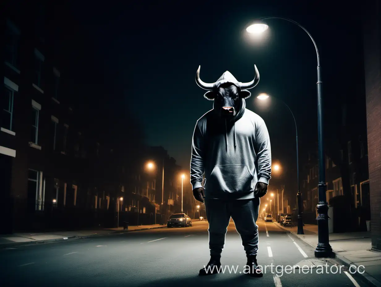 Бык в толстовке с капюшоном стоит на улице ночью с фонарными столбами