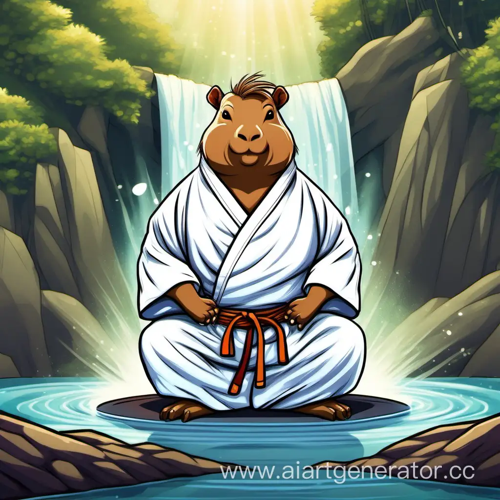 Капибара мастер боевых искусств в стиле мультфильм в белом кимоно с крутой прической медитирует на фоне водопада в ареоле света
