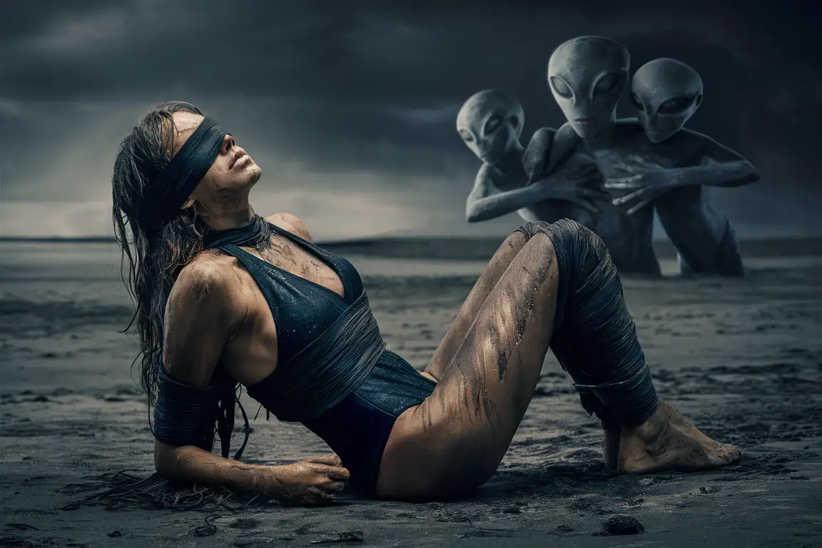Beautiful 29-year-old Polish woman with long hair wearing dirty wet black  high-leg-cut competition training one-piece-swimsuit and a blindfold, smeared with mud, lying oat the beach, hands and legs tied, afraid, scared, aliens grabbing her, photo realistic