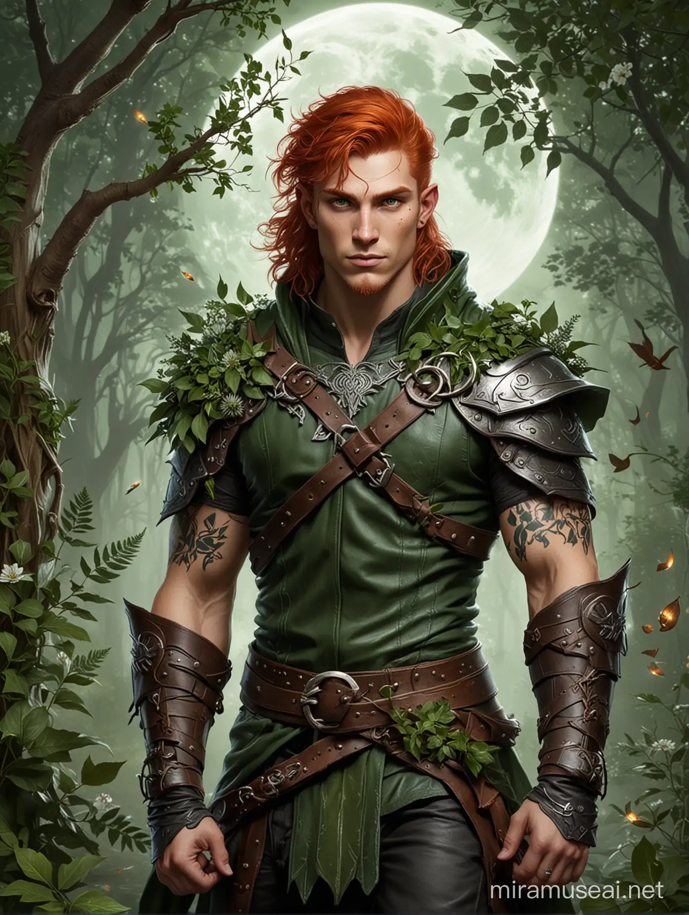 Create a male human Dungeons and Dragons character. He will be a druid, redheaded with green eyes. Their leather garments are adorned with leaves, branches and flowers. He has a tattoo of a crescent moon on his right arm.