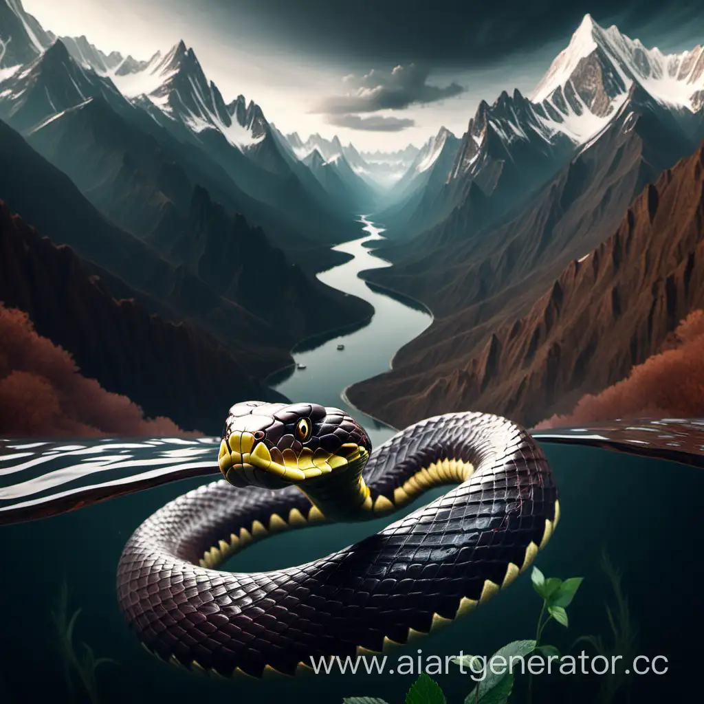 A large snake, surrounded by mountains in the water, looks into the camera and prepares to eat the planet