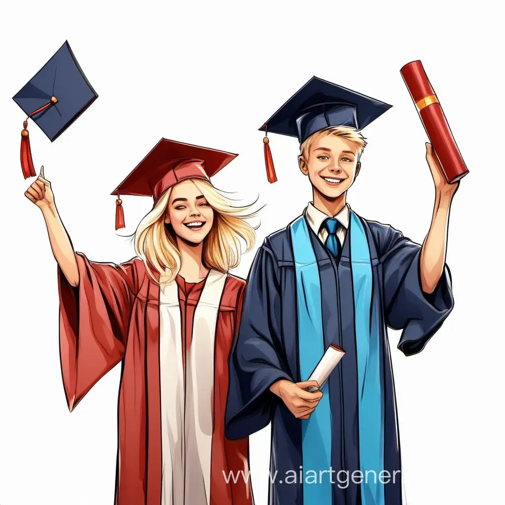 счастливая девушка блондинка и мальчик блондин по пояс с дипломами и в костюмах выпускников   подбрасывающие академические шапки рисунок на белом фоне 