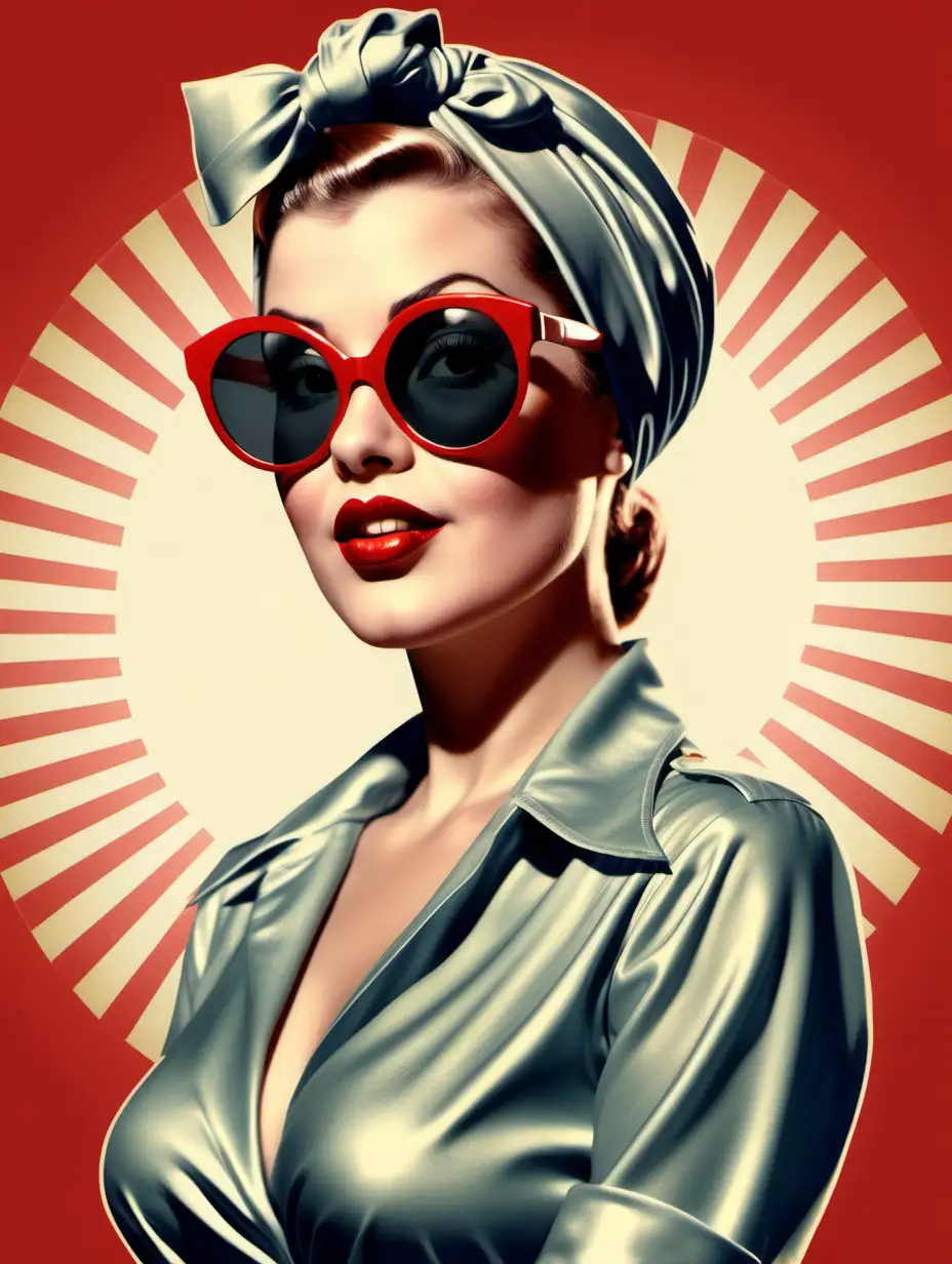 Woman with flare and a confident look, in a sassy pose, red glossy lips, big dark sunglasses and a head scarf Hollywood style. Hollywood Pinup style of the 1940's. vintage. circle behind the womans head. illustration