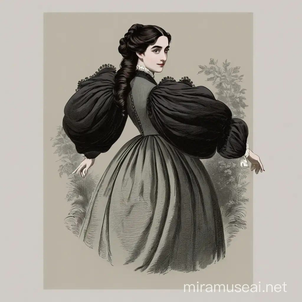 A woman with an elongated face, dark curled hair arranged in a 19th century hairstyle. Long nose, large dark eyes and wide eyebrows. Her lips are narrow. She is wearing a lush 19th century style dress. We see her in full height, with arms and legs. In 3d animation style.