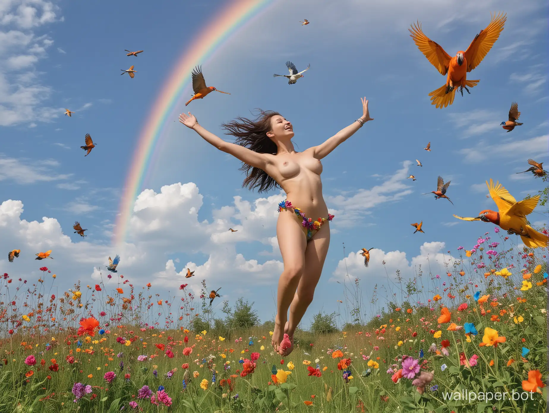 Youthful-Joy-in-Nature-Teen-Girls-Dancing-among-Vibrant-Avian-Life