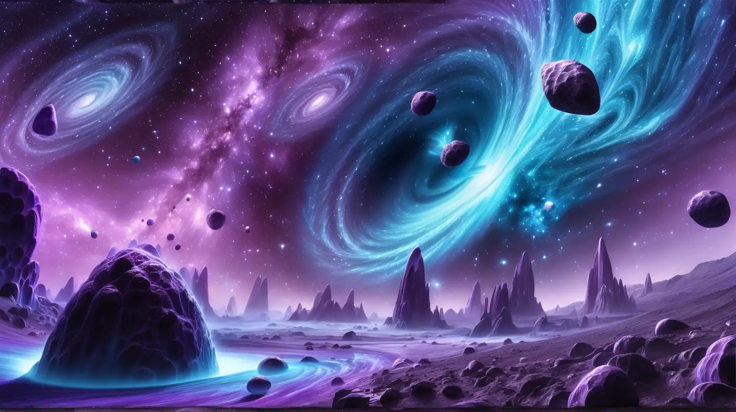 Glowing Purple and Blue Asteroids in Outer Space with Waterfall and Swirling Purple Clouds