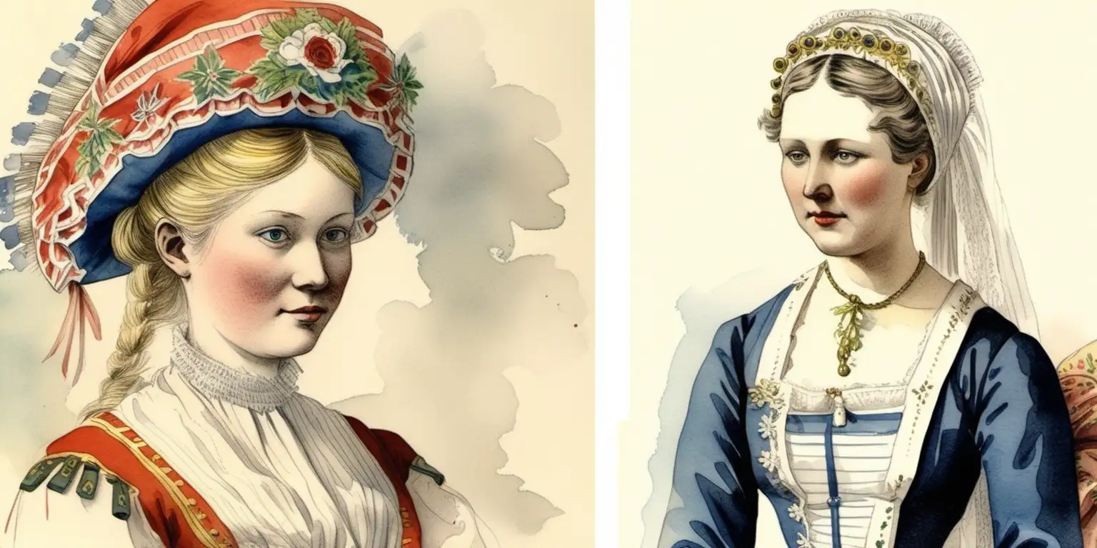 watercolour painting traditional head dress & clothing of a Norwegian bride in the 1800's 