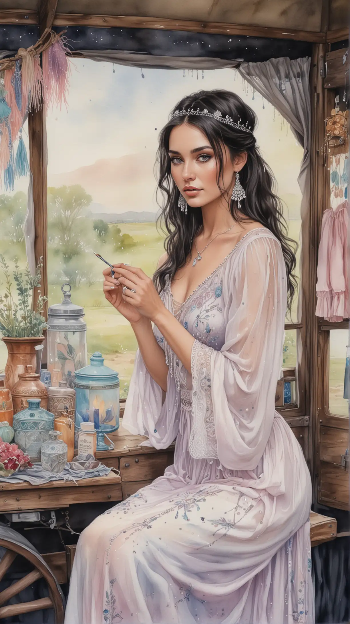 Gypsy Wagon Crystal and Incense Shop on a Pastel Watercolor Background
