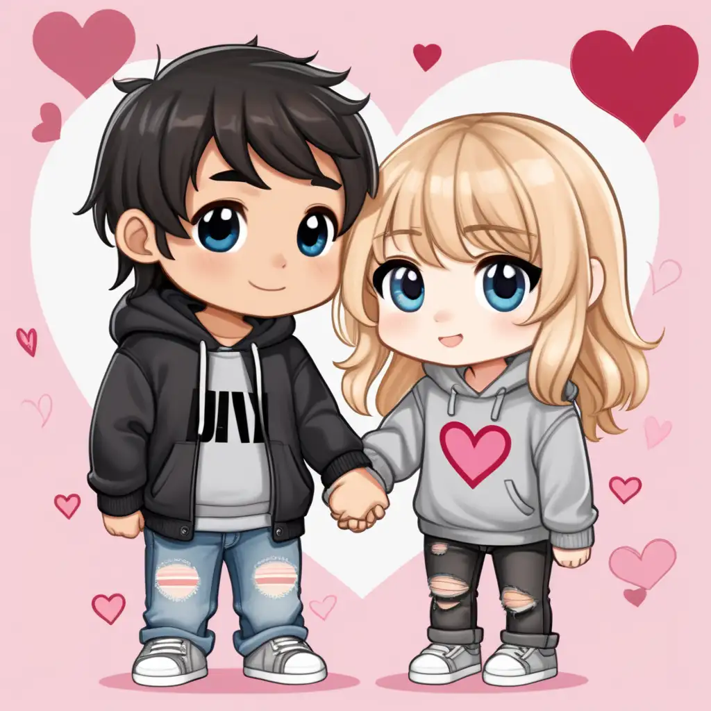 Create a Cute, chibi couple   

Short girl, with  chubby cheeks,  long wavy, blonde hair, bangs, blue eyes, wearing ripped jeans and gray sweater.  

She’s holding hands with   

Hispanic boy,  very short black hair, brown eyes, wearing black sweatpants,  blue sweatshirt.  Valentine’s Day background, few details, dreamy,