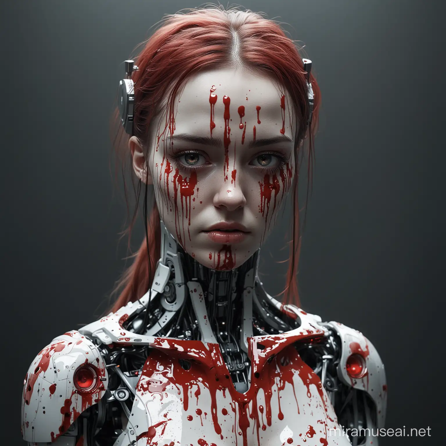 Sad Robot Girl Covered in Blood in Futuristic World