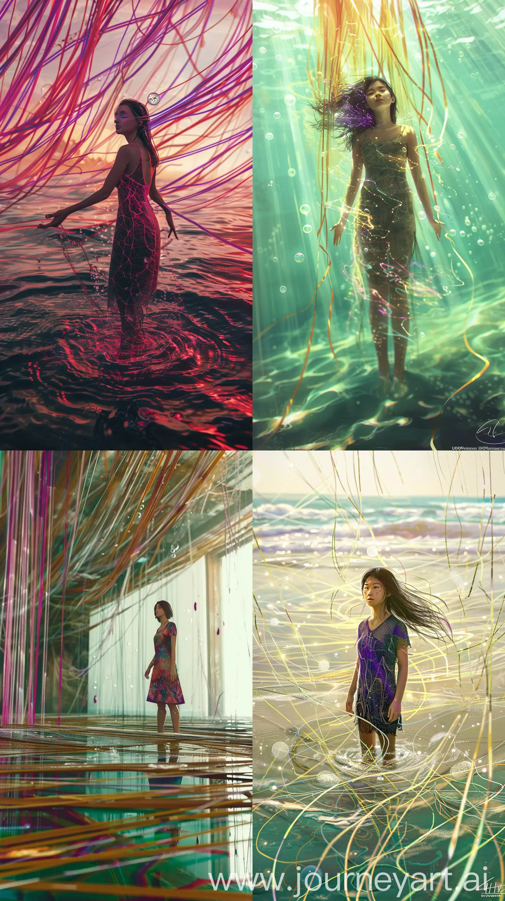 a woman that is standing in the water, digital art, inspired by Yanjun Cheng, fantasy art, glowing threads of drop, artwork in the style of guweiz, portrait of kim petras, portrait of magical girl, trending at cgstation, endless flowing ethereal drapery, beautiful art uhd 4 k, ethereal bubbles, purple eyes and graphic scheme dress --ar 9:16 --w 1500 --s 750